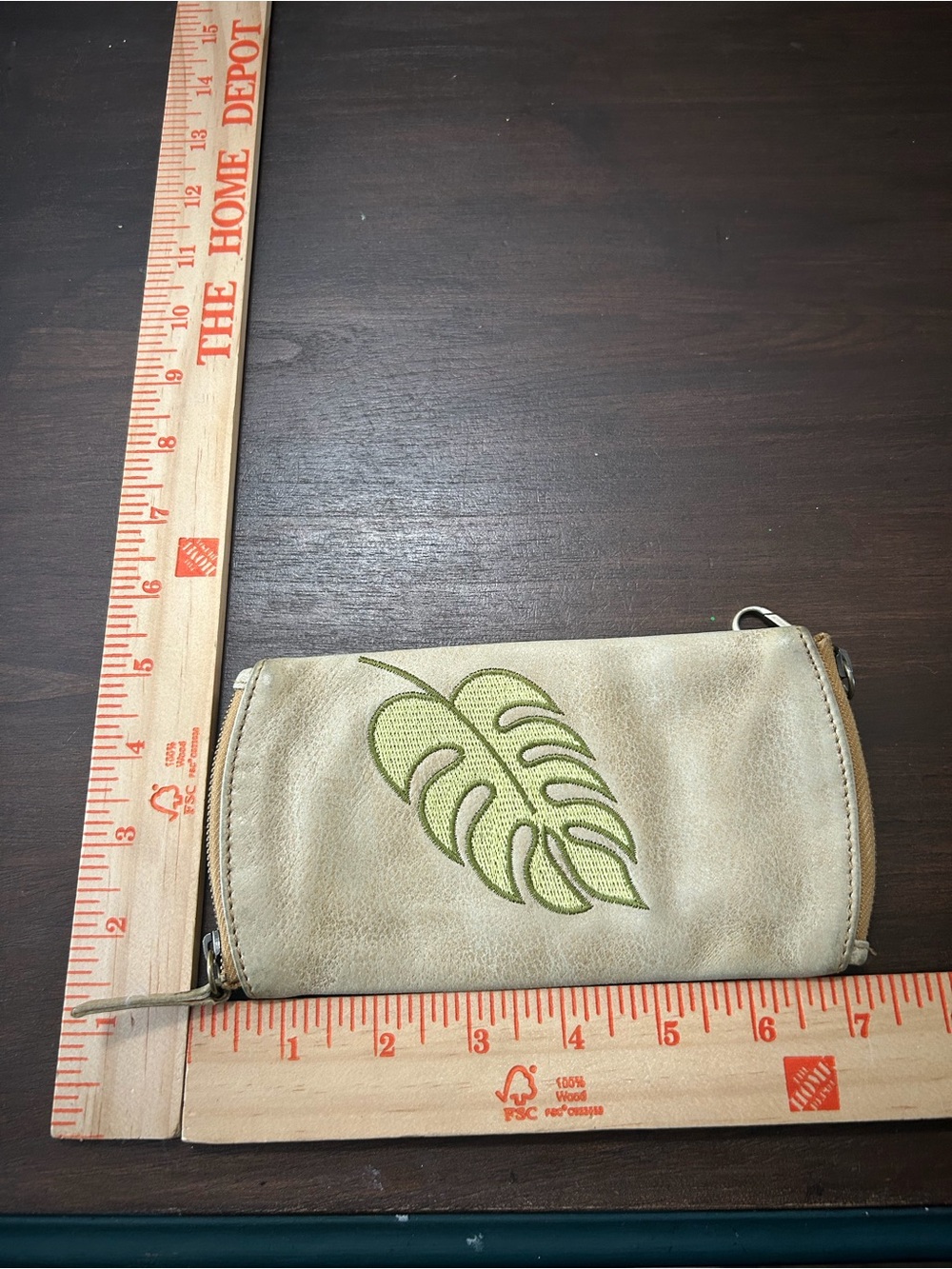 HOBO Beige Leather Mini Wristlet with Green Leaf Embroidery